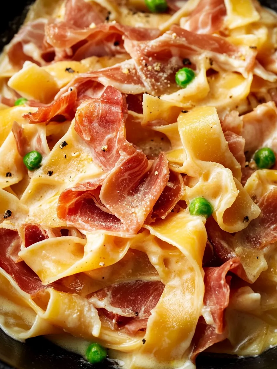 Un plato de pasta con jamón y guisantes.