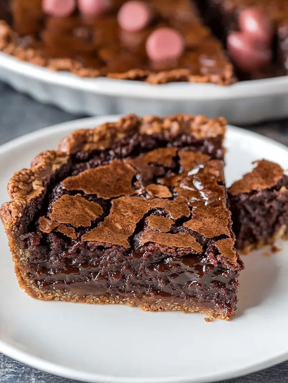 Una porción de pie de chocolate en plato blanco.