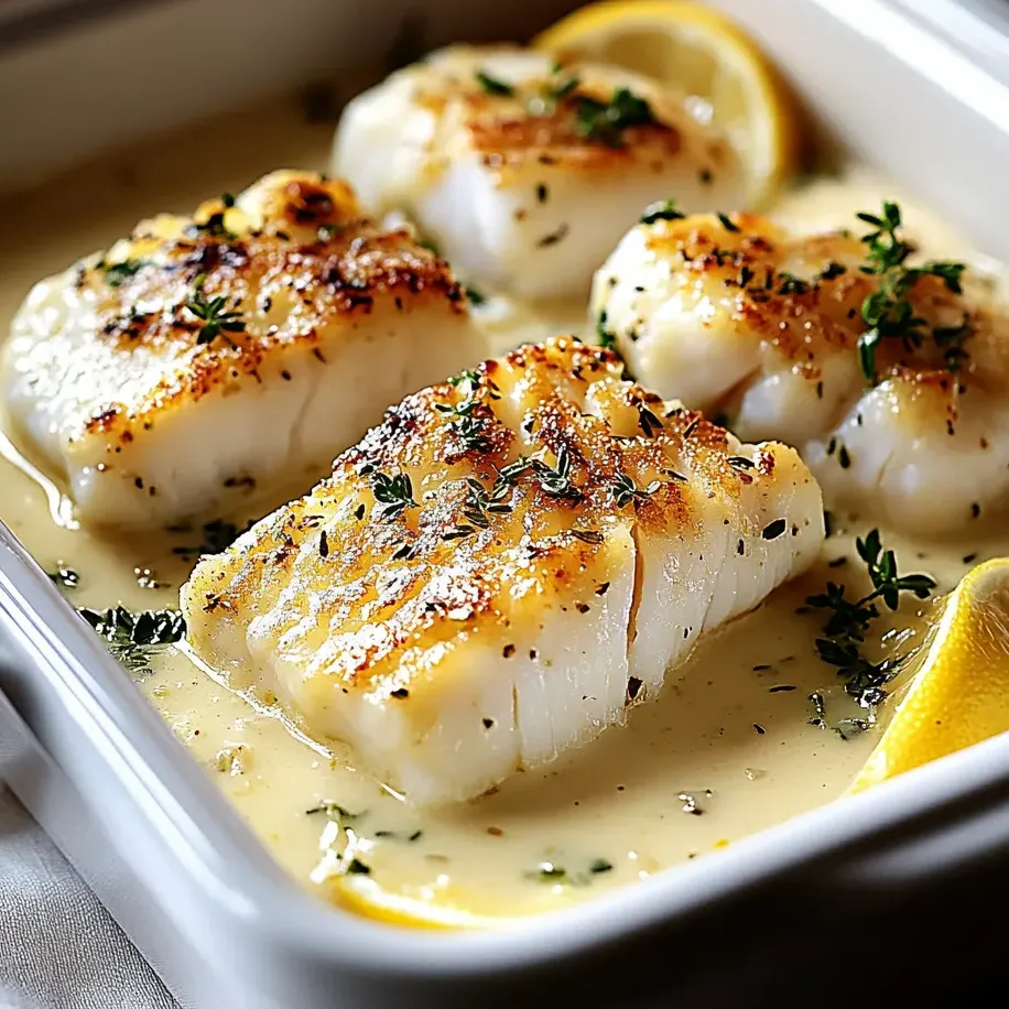 Un plato de bacalao al horno con crema de coco y limón.