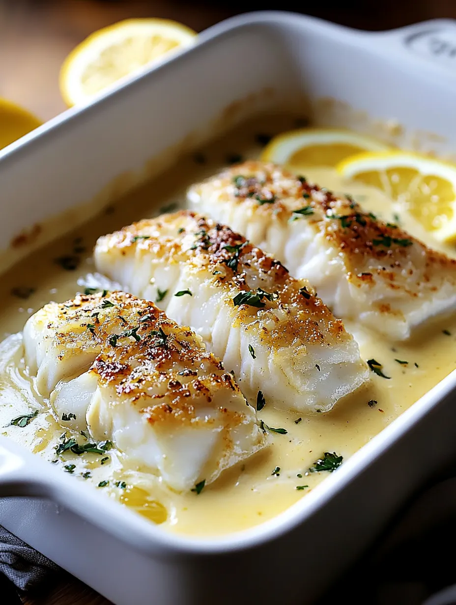 Un plato de bacalao horneado con crema de limón y coco.