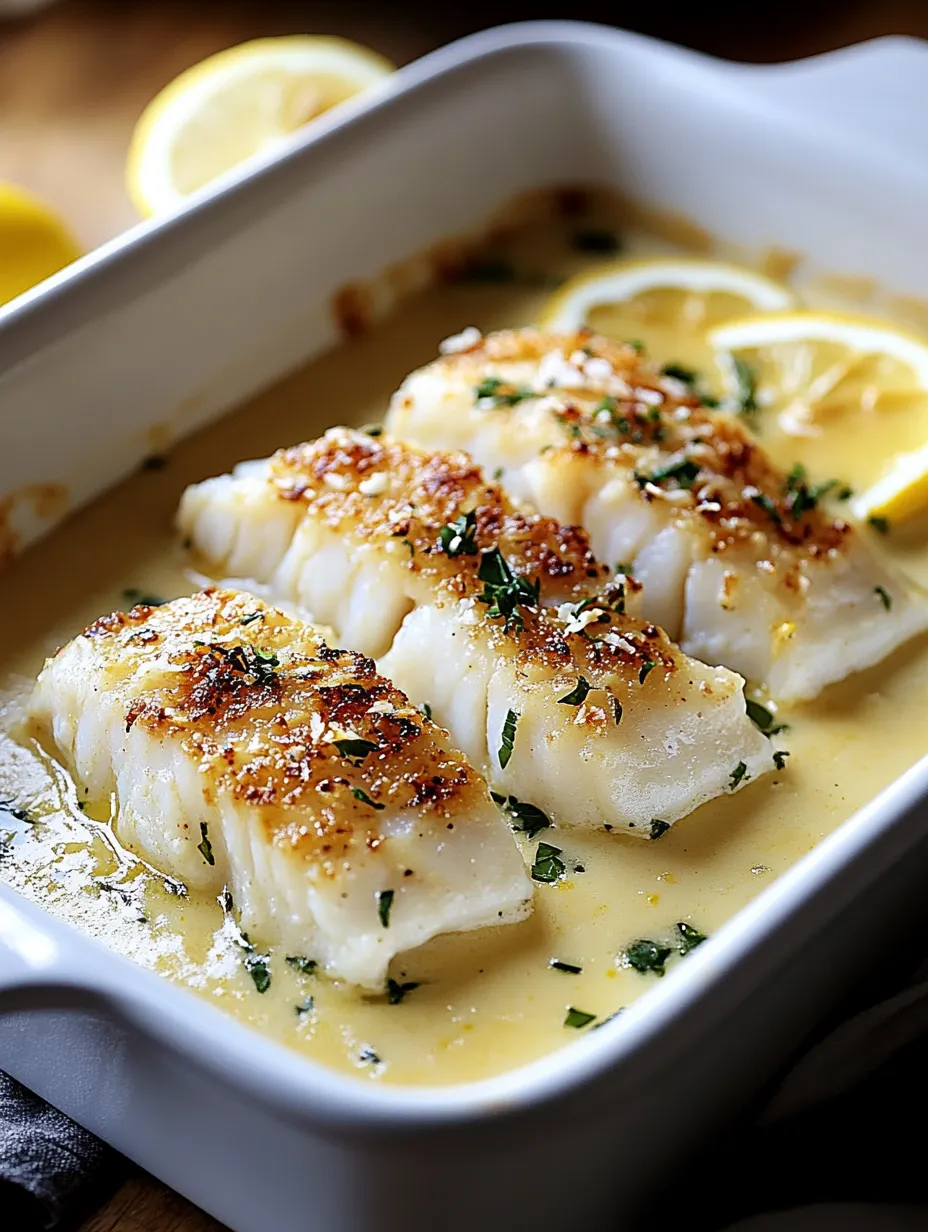 Un plato de bacalao horneado con crema de limón y coco.