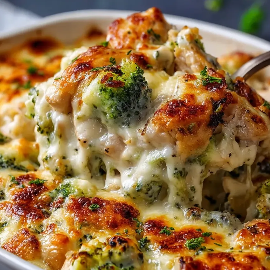 Plato de alfredo de pollo y brócoli horneado.