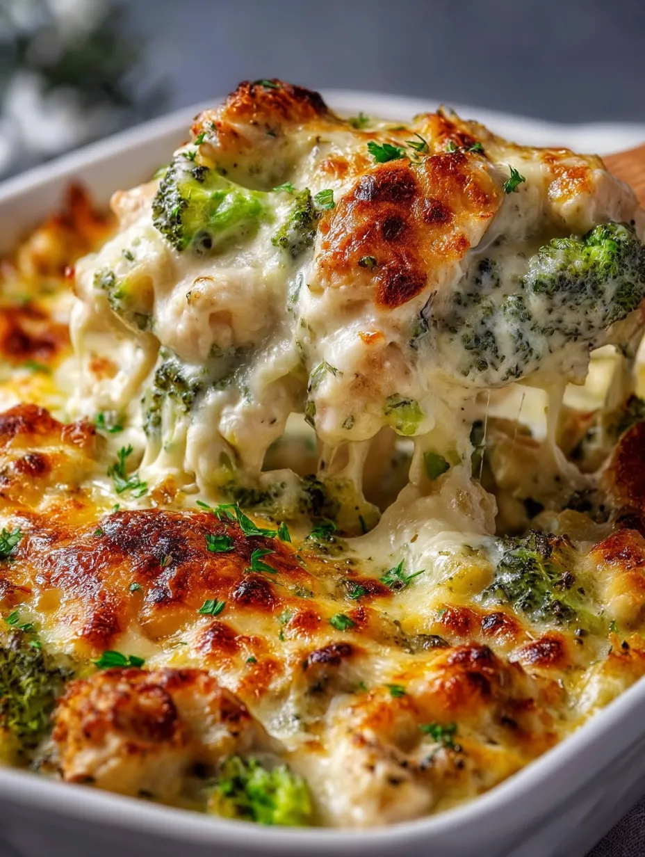 Foto de cerca de un horneado de pollo con brócoli y Alfredo.