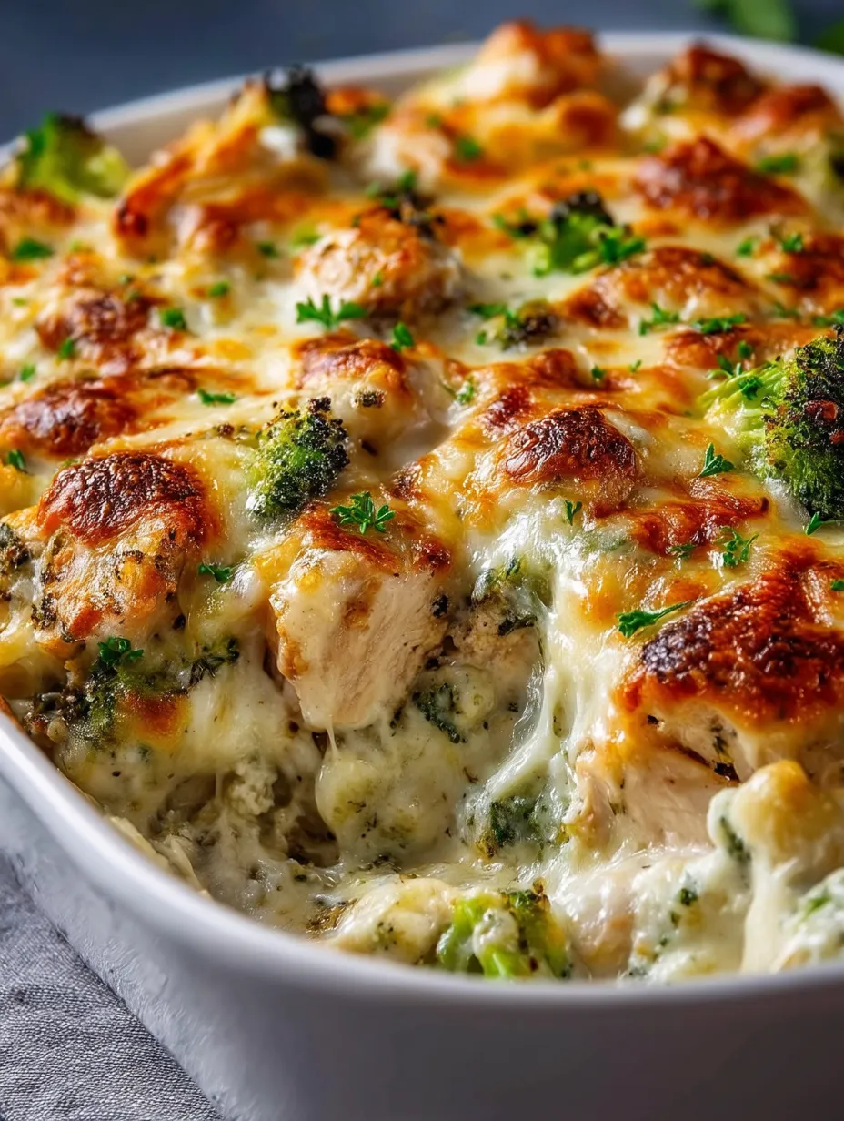 Platón con horneado de pollo y brócoli en salsa Alfredo.