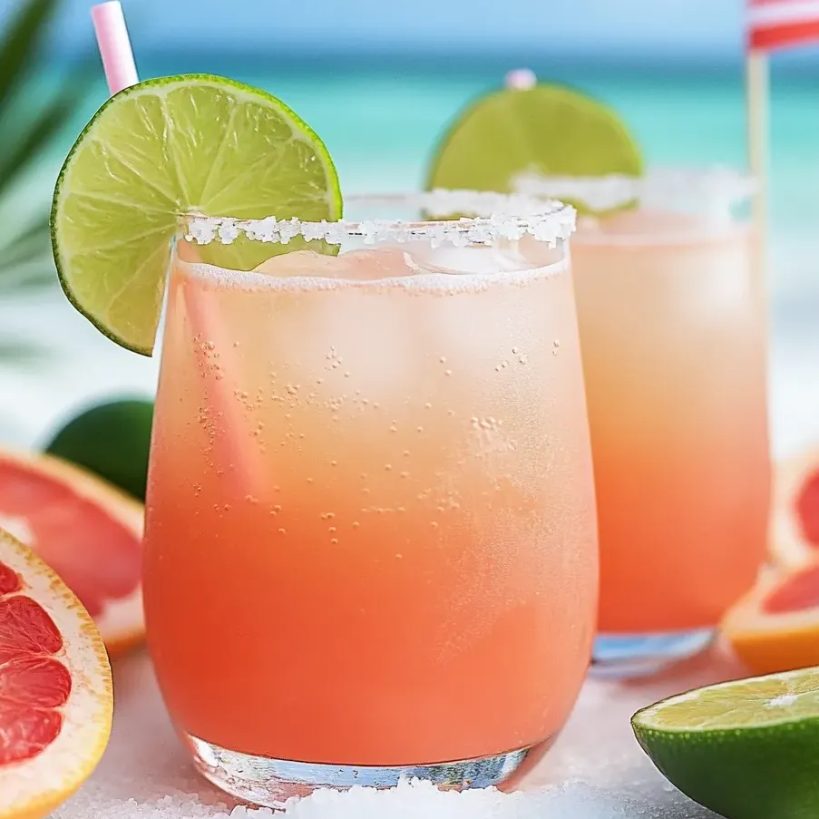 Dos vasos de Paloma sin alcohol con toronja y lima.