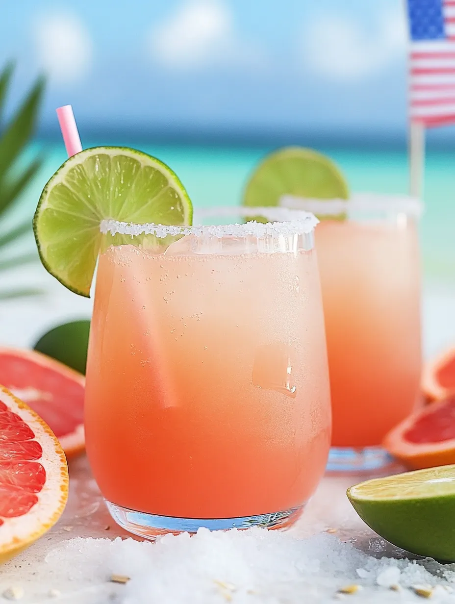Dos vasos con mocktails rosados de toronja y lima.