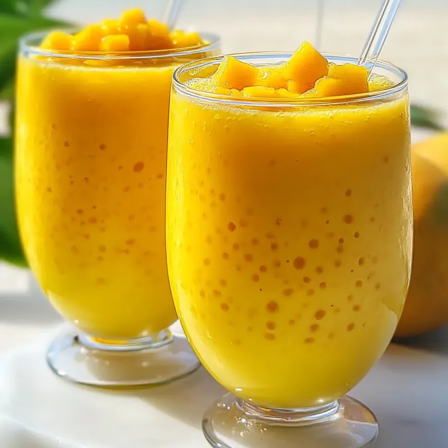 Dos vasos con postre fresco de mango, sago y coco.