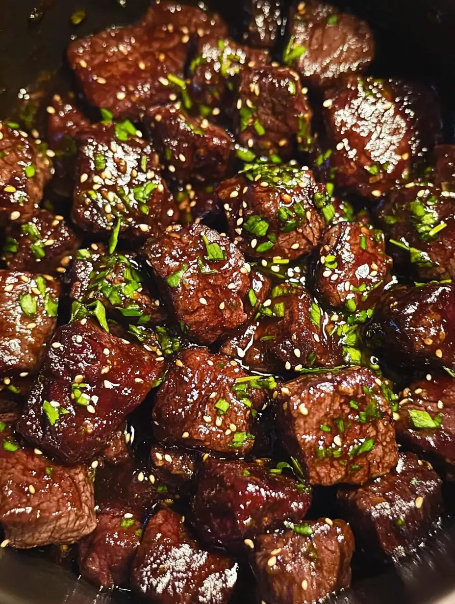 Cubos pegajosos de carne con hierbas verdes encima.