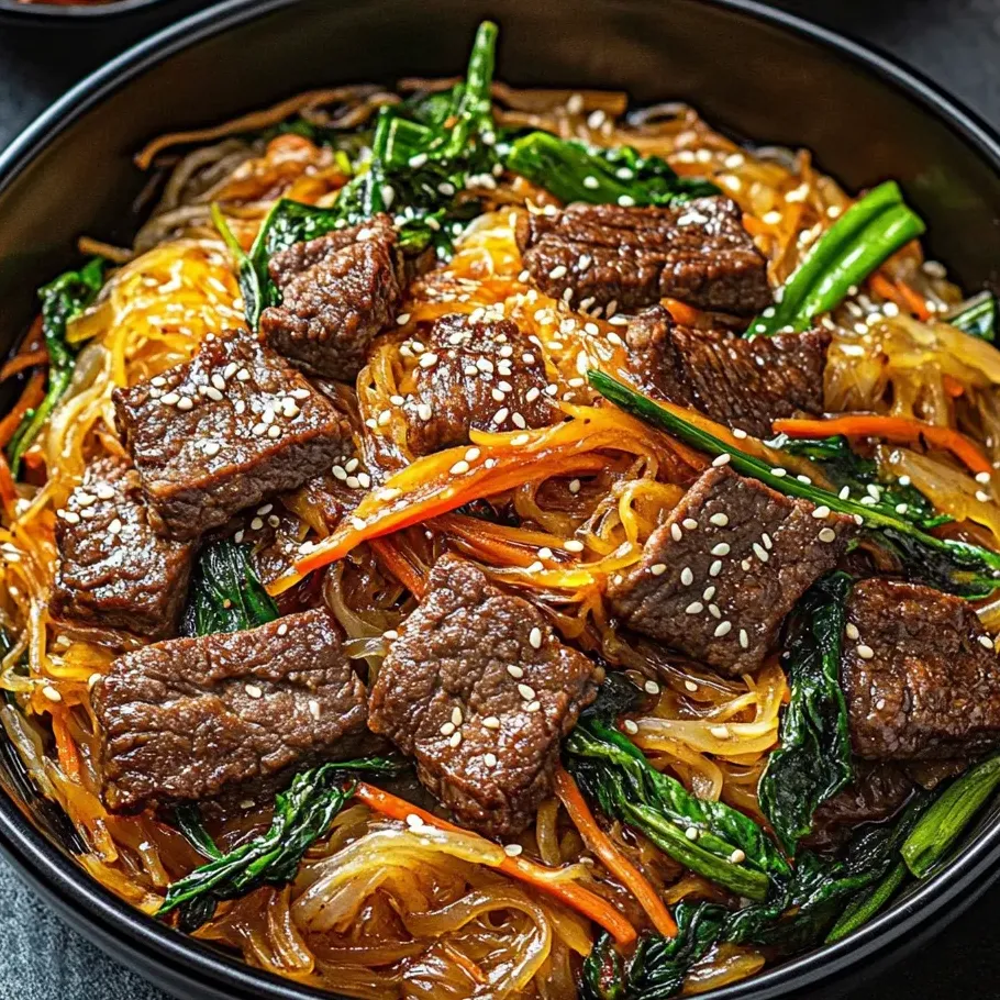 Bol de japchae con carne y verduras.