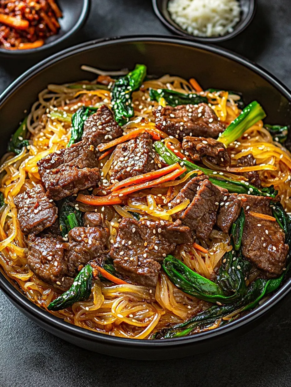 Un bowl de japchae con carne y vegetales.