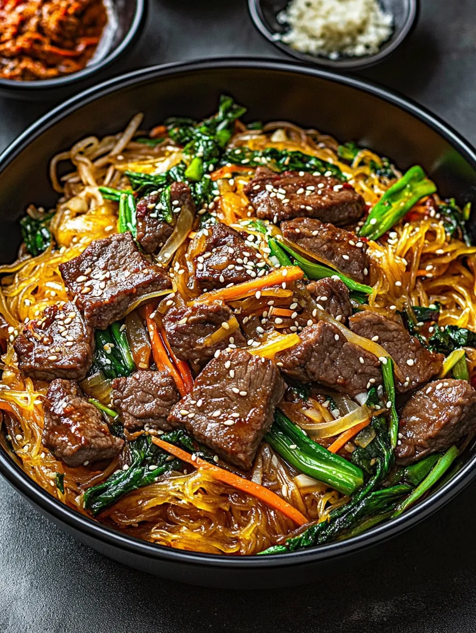 Un bowl de japchae con carne y vegetales.