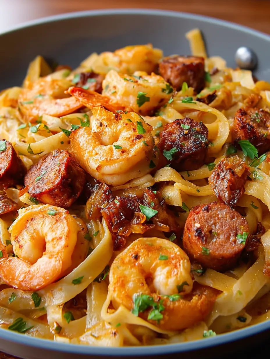 Un plato de pasta cremosa con camarón al estilo jamaicano.