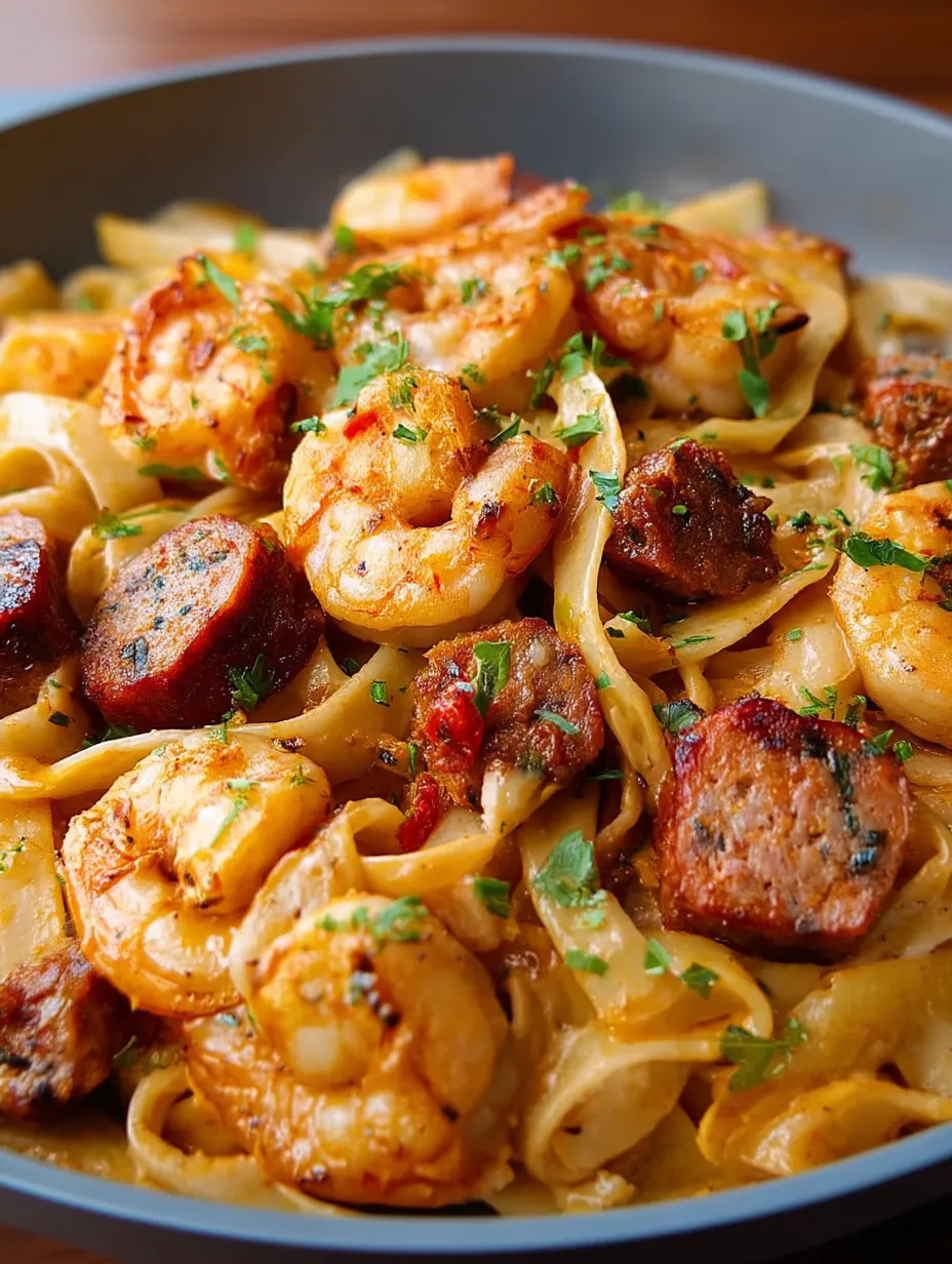 Un plato de pasta cremosa con camarón al estilo jamaicano.