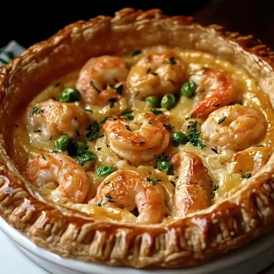 Una tarta cajún de mariscos con camarones y guisantes.