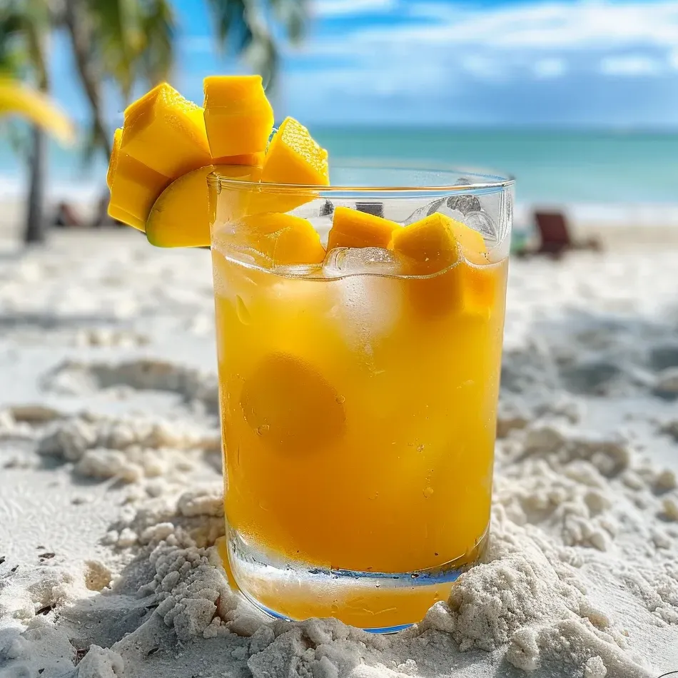 Un vaso de limonada de mango en la playa.