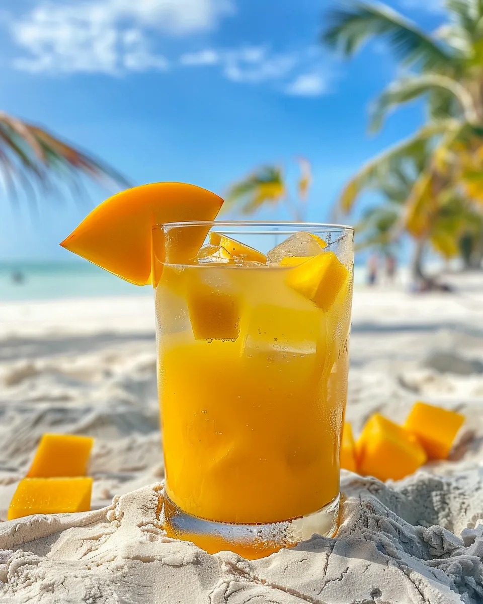 Un vaso de limonada de mango en la playa.