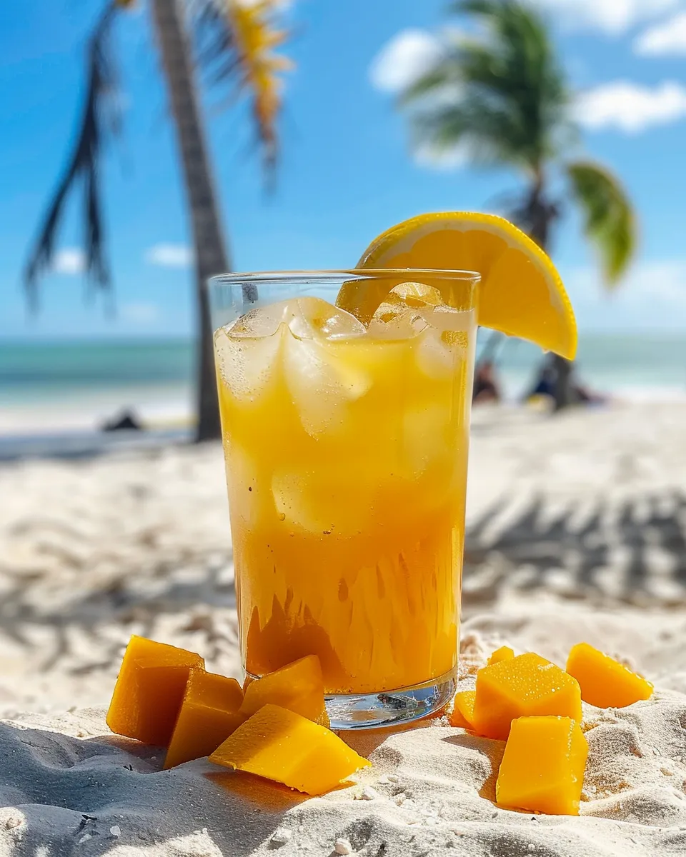 Un vaso de limonada de mango en la playa.