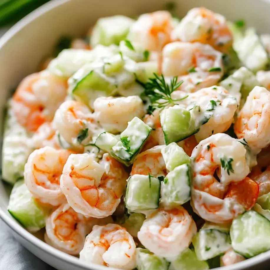 Un bol de ensalada de langostinos con pepino y lima.