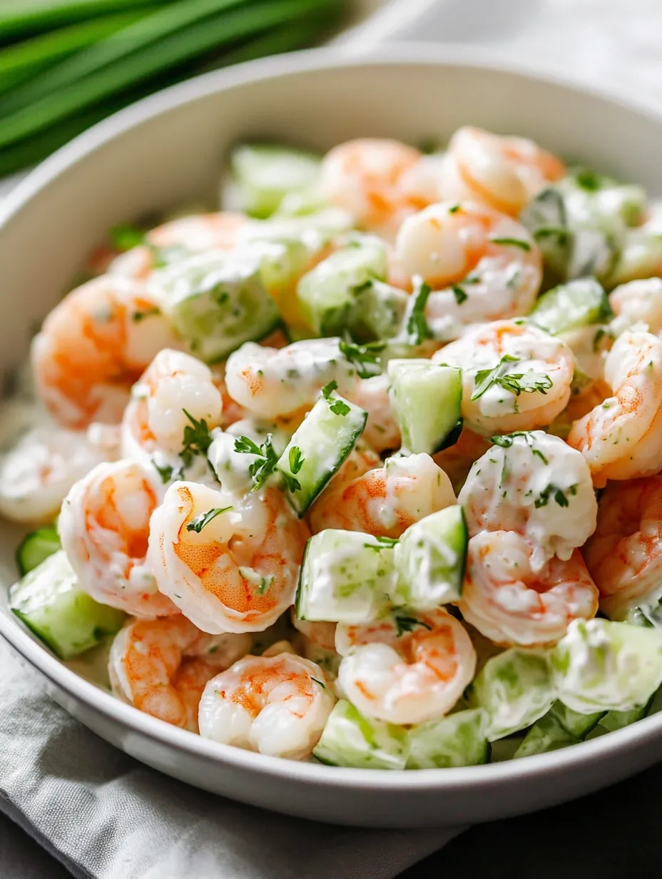 Un bol con ensalada de camarones, pepino y lima.