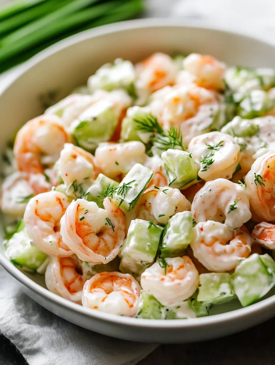 Un bol con ensalada de camarones, pepino y lima.