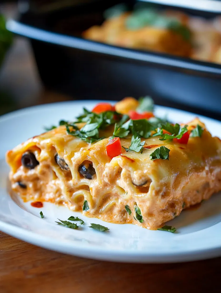 Un plato blanco con Roll Ups de Lasaña con Pollo al Suroeste.