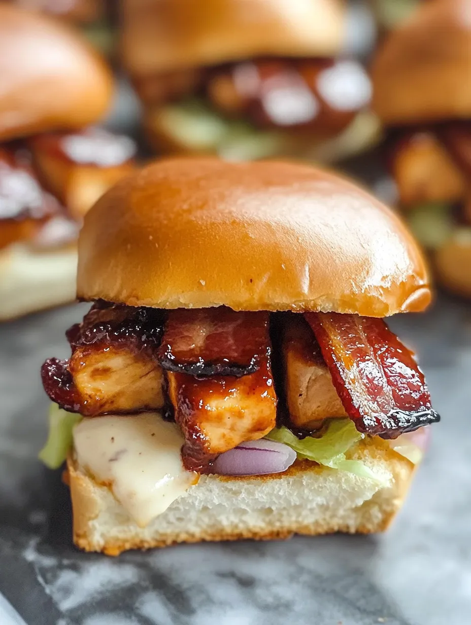 Un slider de pollo BBQ, bacon y ranch de cerca.