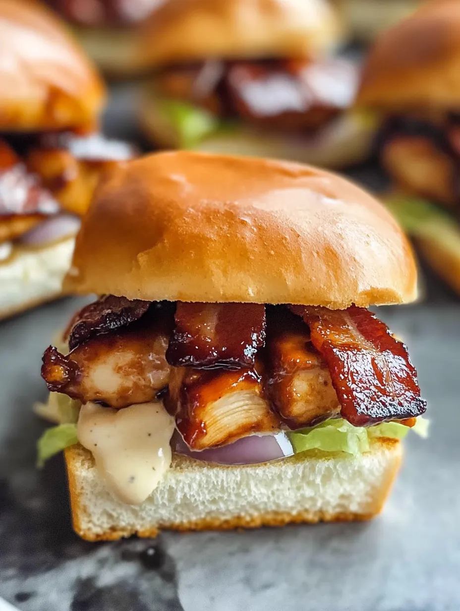 Un slider de pollo BBQ, bacon y ranch de cerca.