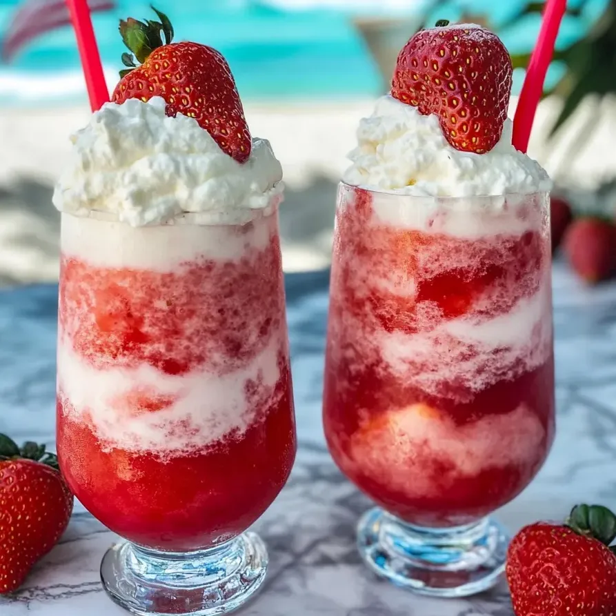 Dos vasos de daiquiri helado de fresa con crema.