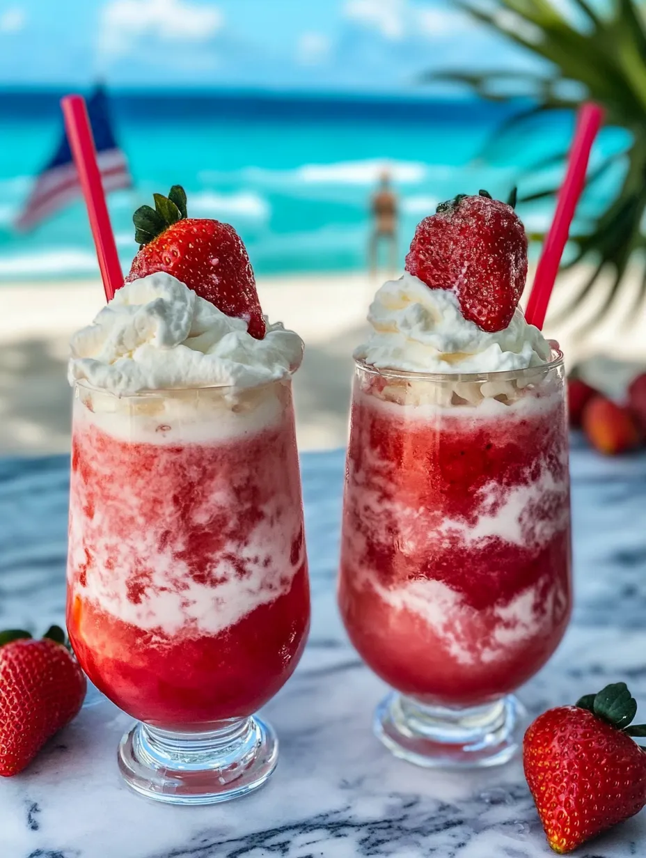 Dos vasos de daiquiris helados de fresa con crema.