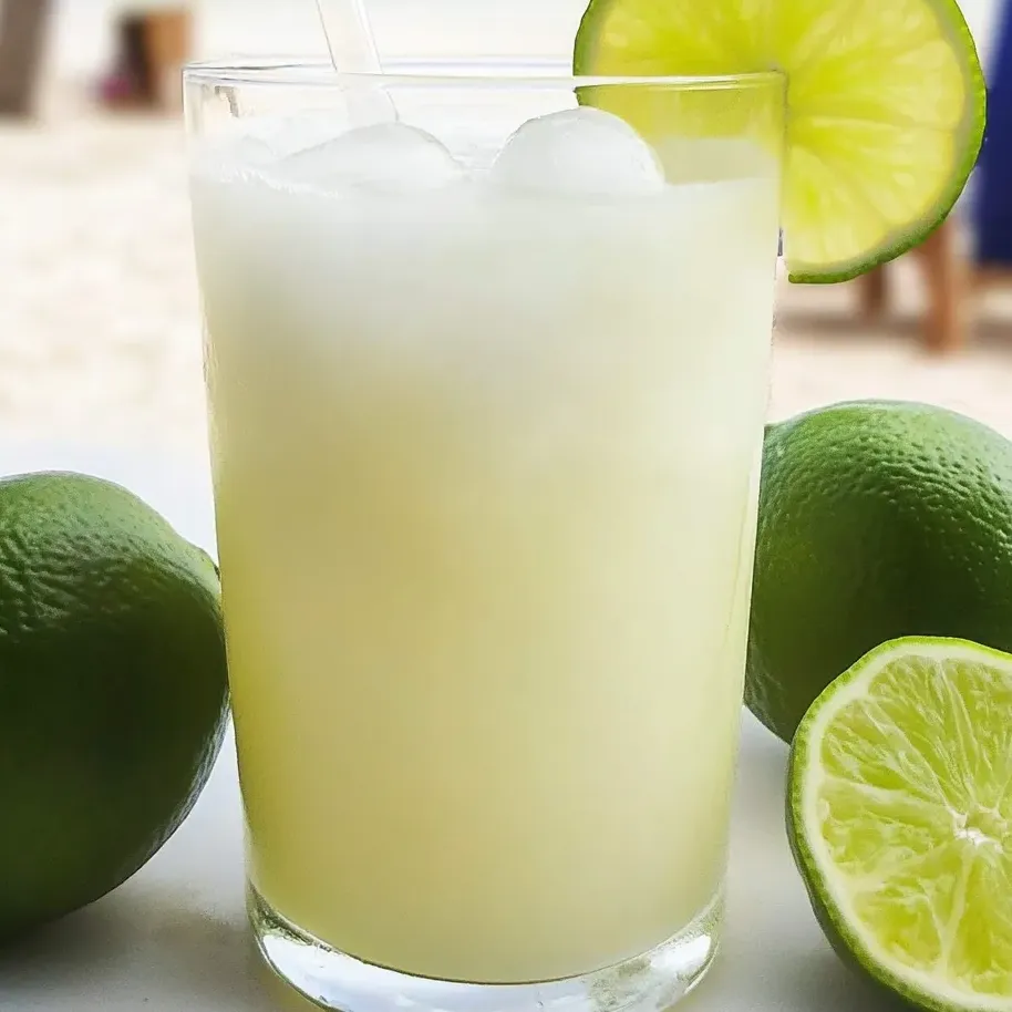 Vaso de limonada brasilena con limas al costado.