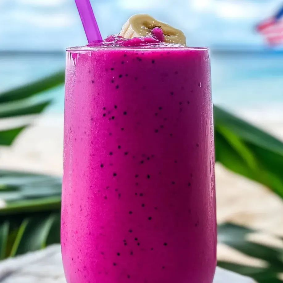 Un batido rosa con popote morado.
