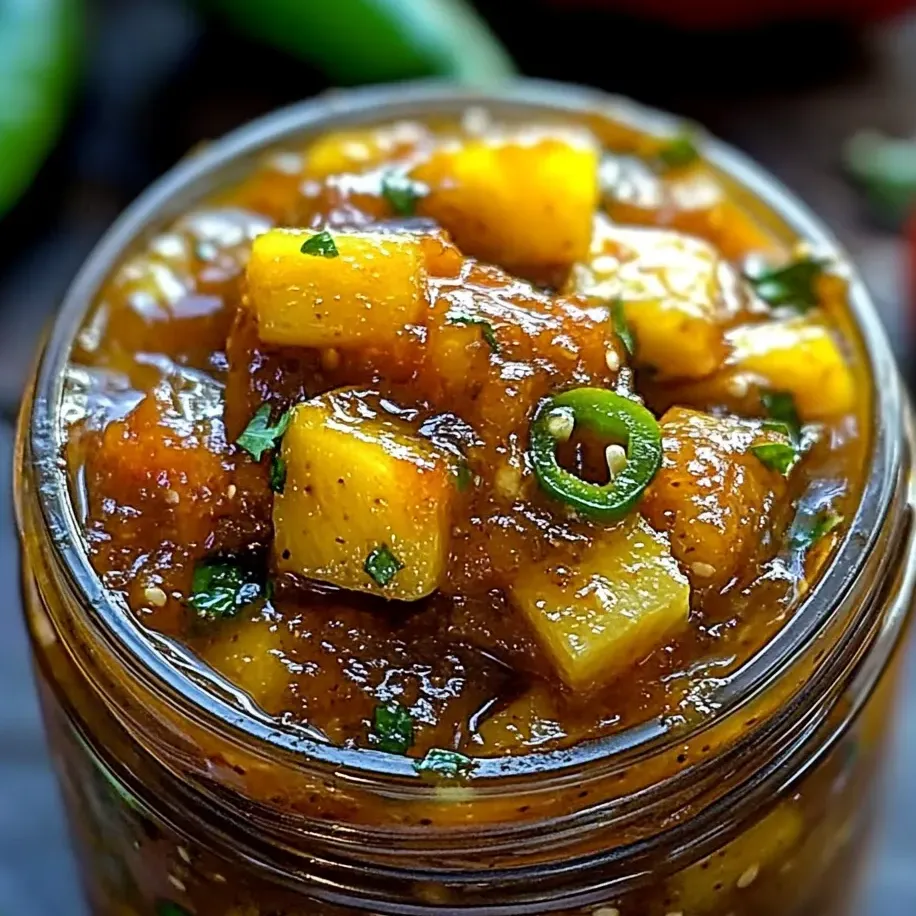 Un frasco con chutney de piña y jalapeño picante.