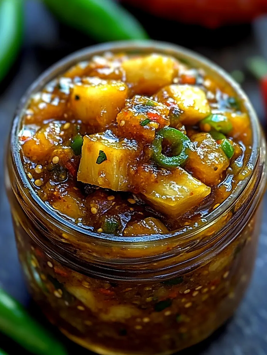 Un frasco de chutney picante de piña con jalapeño.