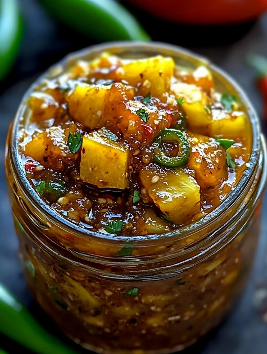 Un frasco de chutney picante de piña con jalapeño.