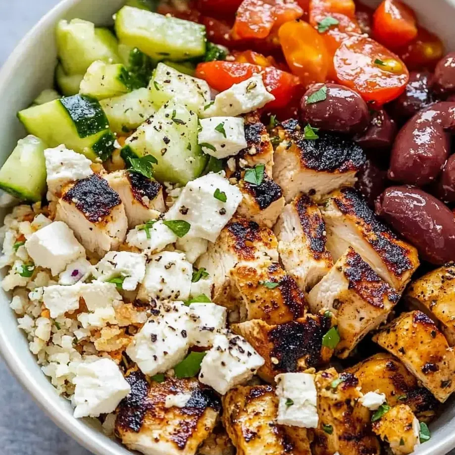 Un bowl con pollo, tomates, pepino y aceitunas.