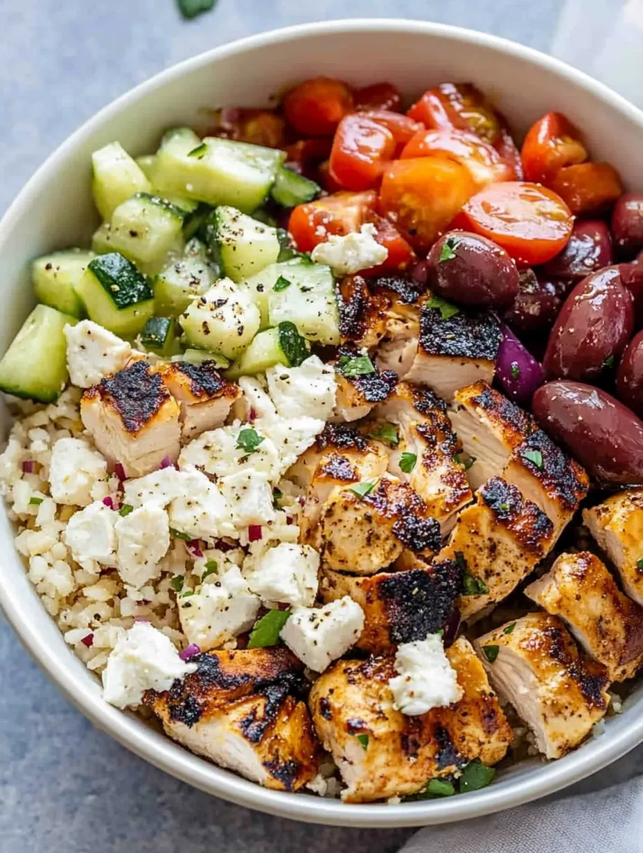 Un bowl con pollo griego, quinoa y vegetales variados.