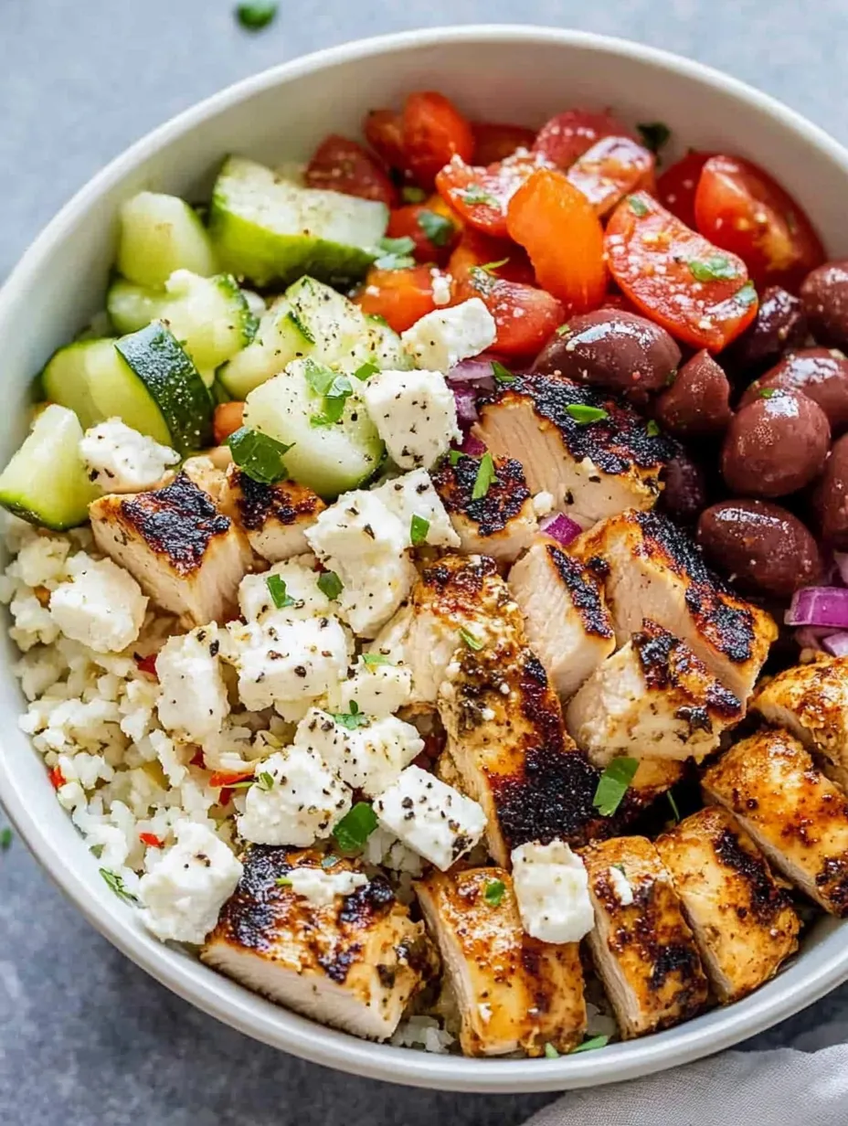 Un bowl de quinoa con pollo griego.