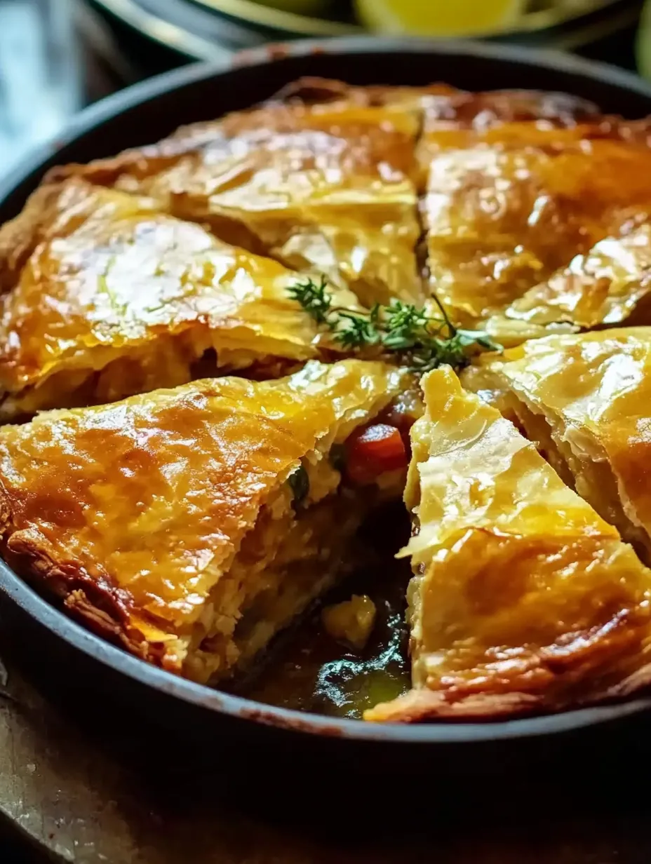 Tarta griega de pollo con una porción faltante.