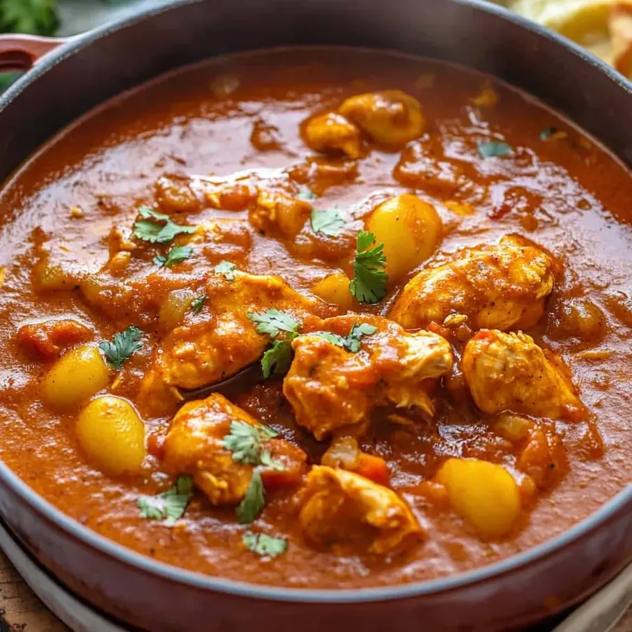 Un plato de guiso marroquí de pollo con especias.