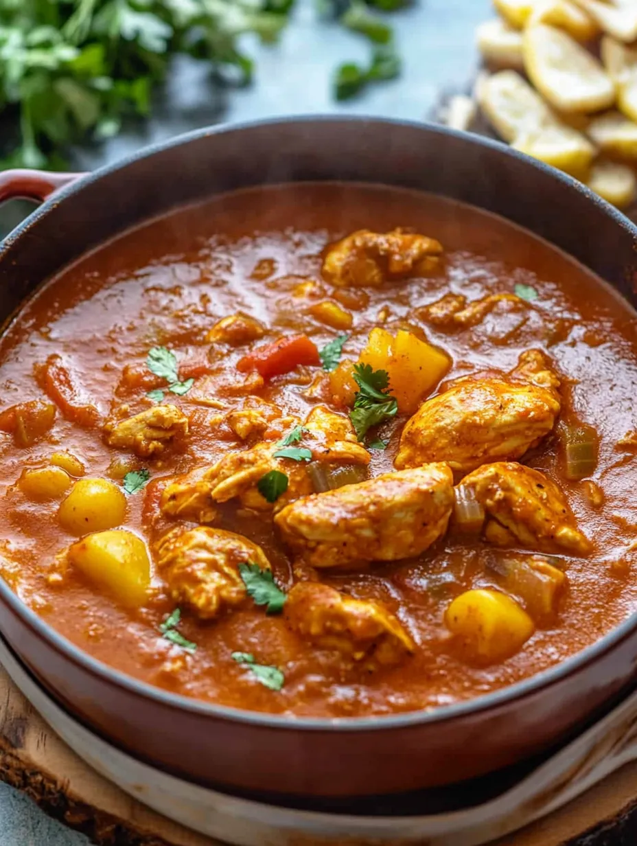 Un bol con guiso marroquí de pollo lleno de especias.
