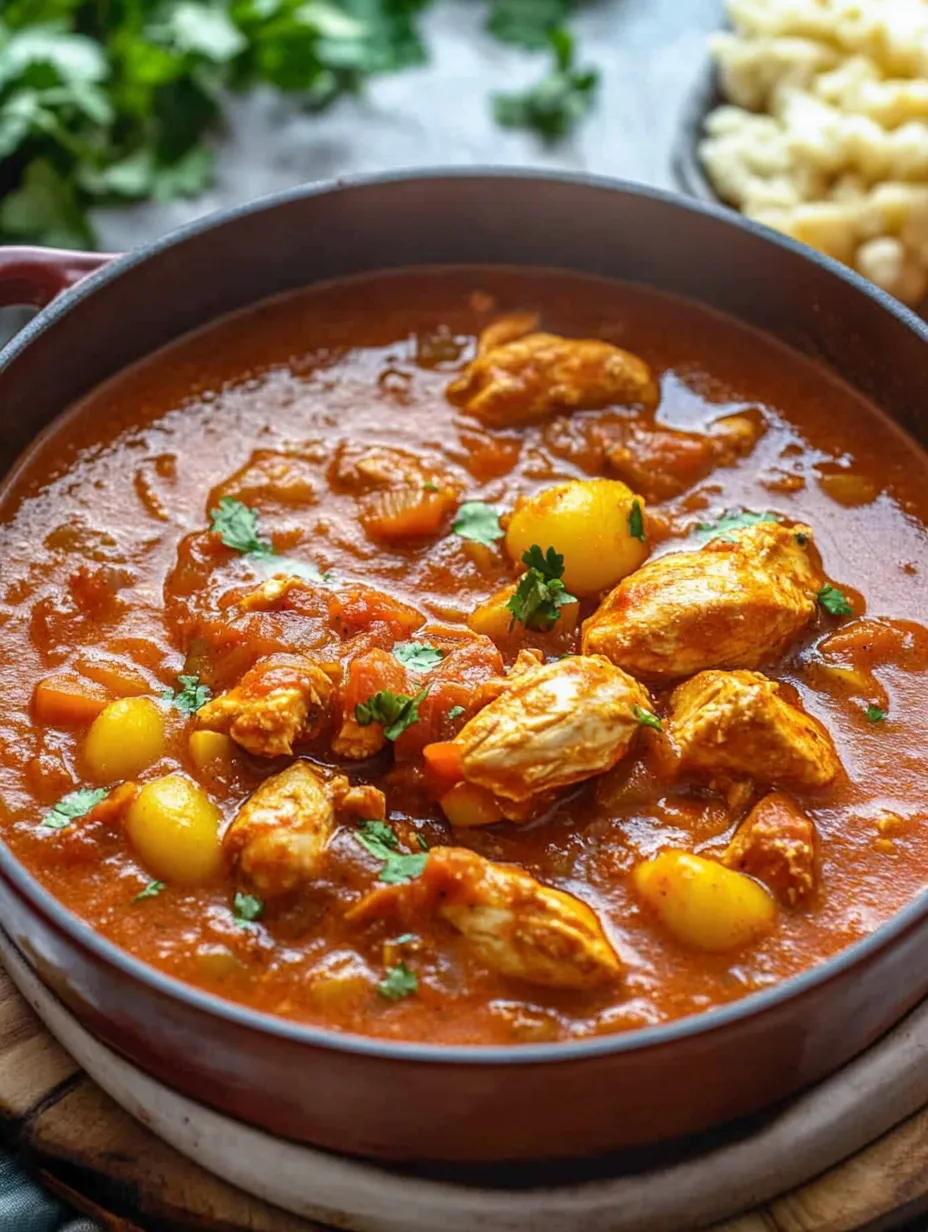 Un bol con guiso marroquí de pollo, lleno de especias.