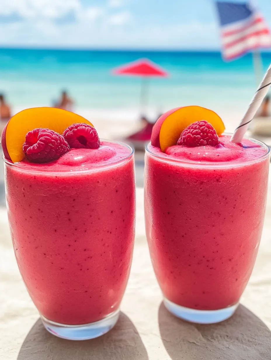 Dos vasos de batido de frambuesa y durazno pura felicidad.
