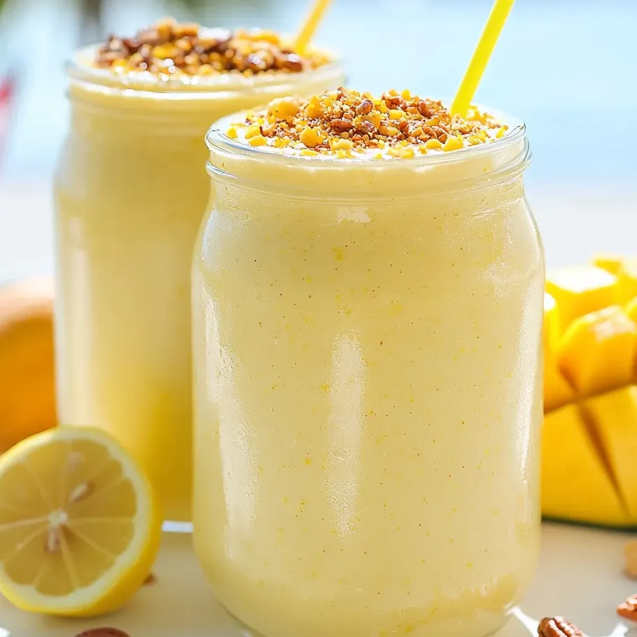 Dos vasos de smoothie tipo cheesecake de limón.