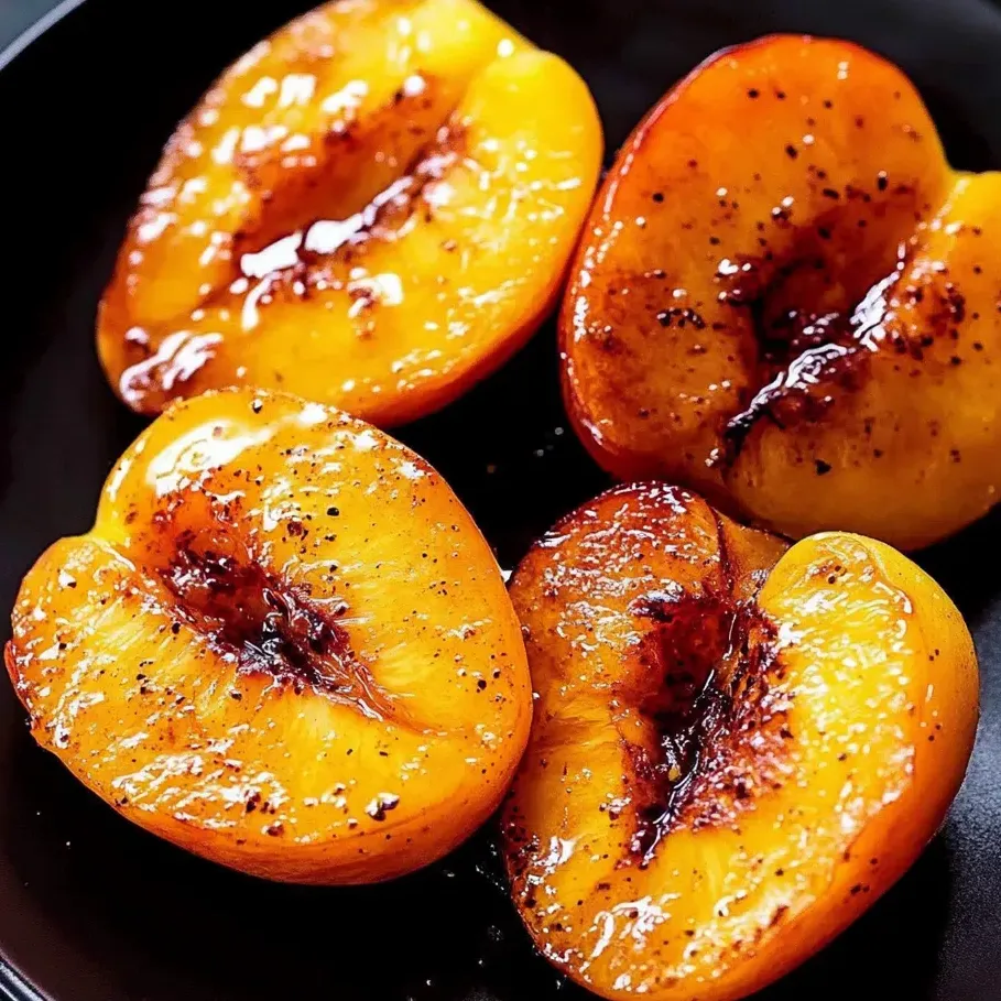 Duraznos caramelizados en sartén en plato negro.
