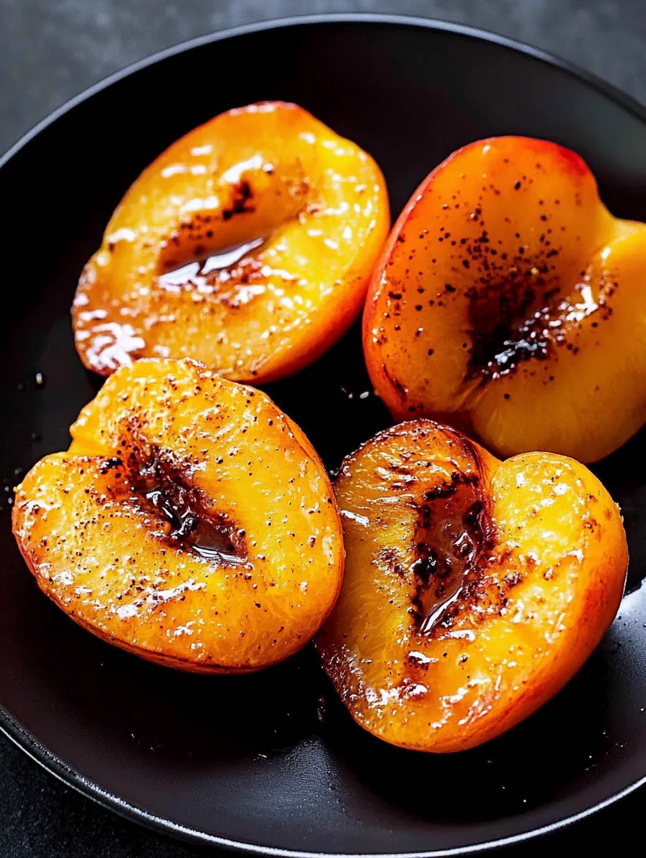 Un plato con duraznos caramelizados en sartén.