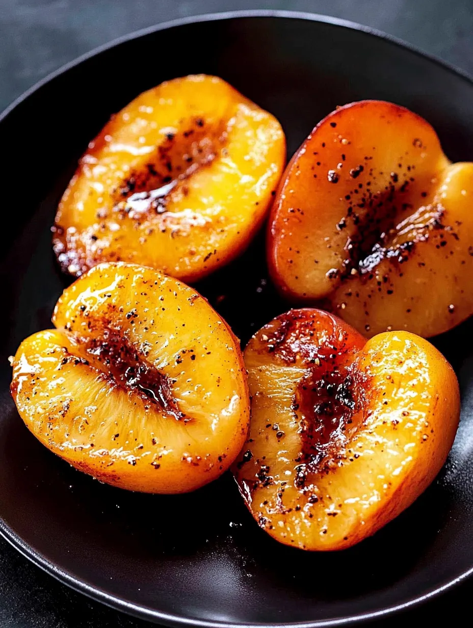 Duraznos caramelizados en sartén sobre plato negro.