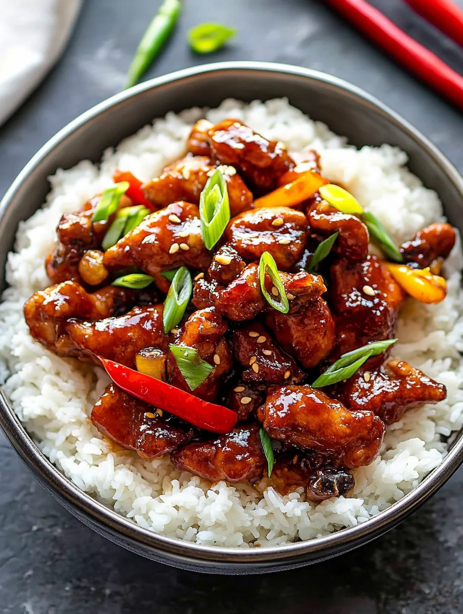 Un bol de Pollo Dragón con arroz.
