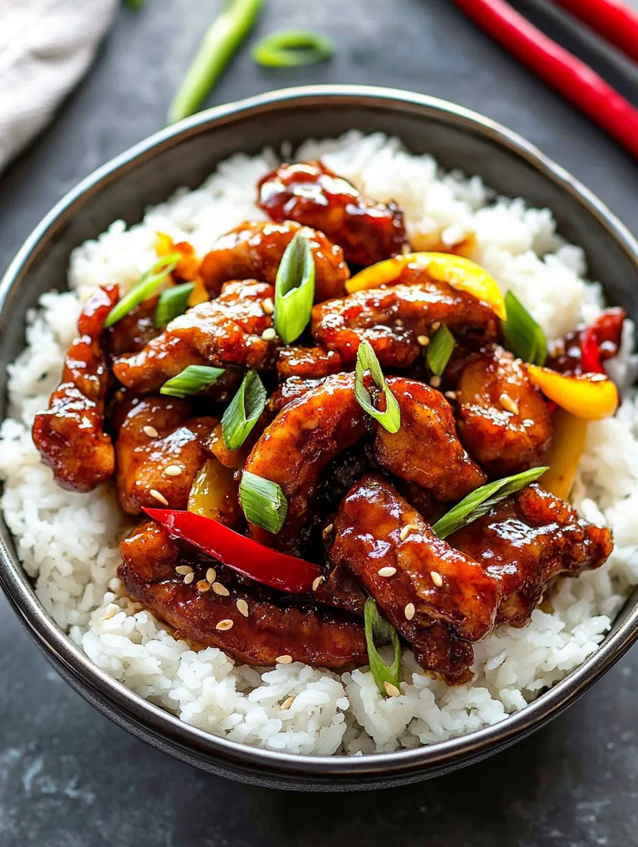 Un bol de Pollo Dragón con arroz.