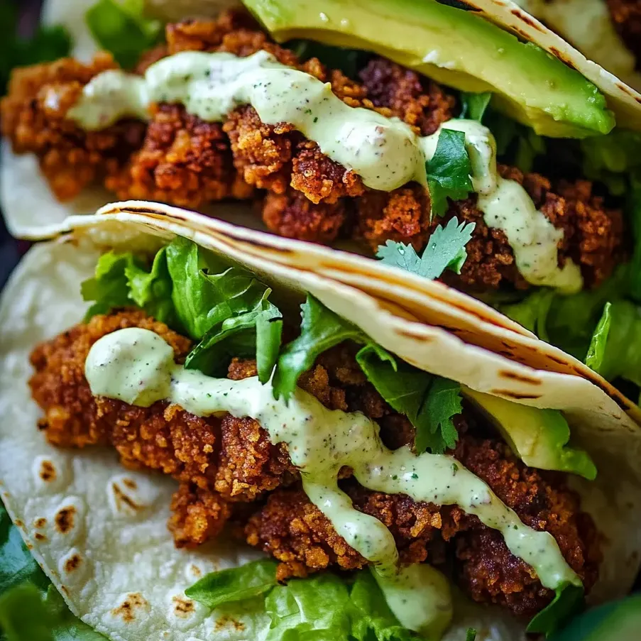 Tacos de pollo crujiente con aguacate y ranch.