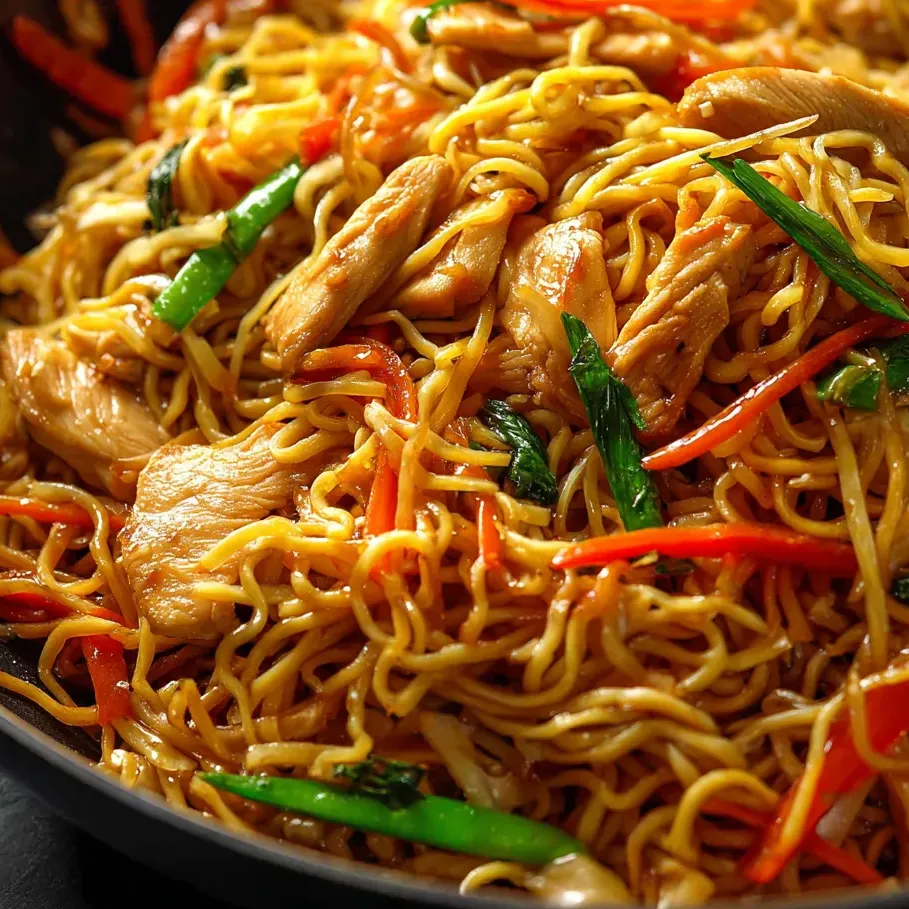 Un plato de fideos con pollo y verduras.